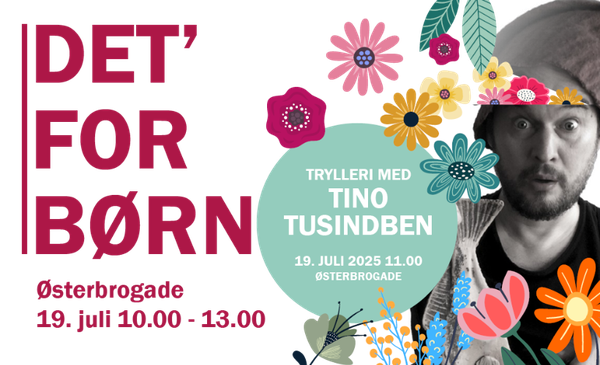 Billede af plakat med Tino Tusindben. Der står desuden Østebrogade d. 19. juli kl. 10.00-13.00